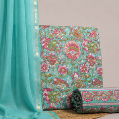 Sea Green Printed Cotton Fabric for Suits, Kurtis, Co-Ord Sets, Dresses & Ethnic Wear.