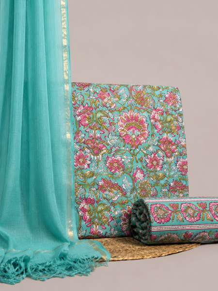 Sea Green Printed Cotton Fabric for Suits, Kurtis, Co-Ord Sets, Dresses & Ethnic Wear.