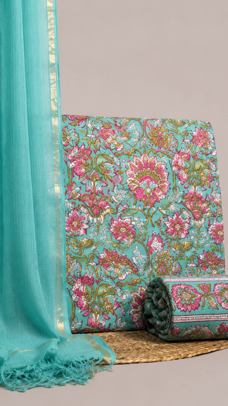 Sea Green Printed Cotton Fabric for Suits, Kurtis, Co-Ord Sets, Dresses & Ethnic Wear.