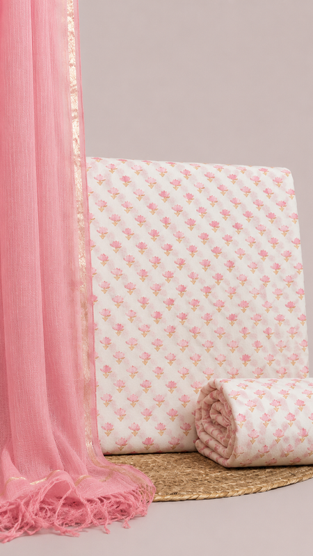 Dusty Pink Printed Cotton Fabric for Suits, Kurtis, Co-Ord Sets, Dresses & Ethnic Wear.