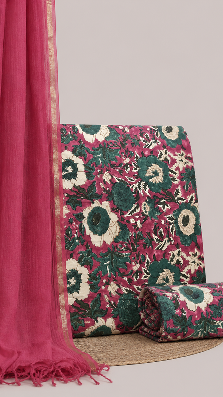 Margenta Pink Printed Cotton Fabric for Suits, Kurtis, Co-Ord Sets, Dresses & Ethnic Wear.