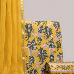 Bright Yellow Printed Cotton Fabric for Suits, Kurtis, Co-Ord Sets, Dresses & Ethnic Wear.