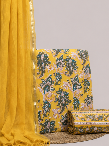 Bright Yellow Printed Cotton Fabric for Suits, Kurtis, Co-Ord Sets, Dresses & Ethnic Wear.