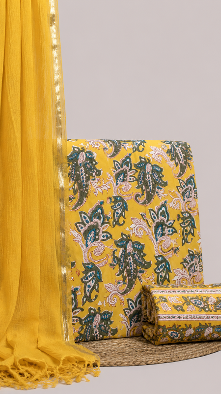 Bright Yellow Printed Cotton Fabric for Suits, Kurtis, Co-Ord Sets, Dresses & Ethnic Wear.