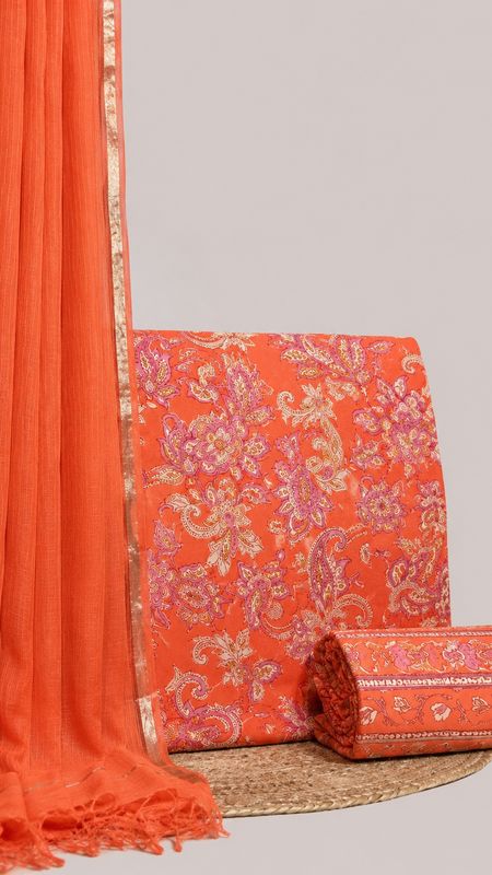 Rust Orange Printed Cotton Fabric for Suits, Kurtis, Co-Ord Sets, Dresses & Ethnic Wear.
