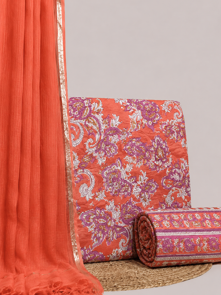 Orange Printed Cotton Fabric for Suits, Kurtis, Co-Ord Sets, Dresses & Ethnic Wear.