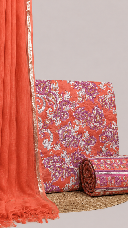 Orange Printed Cotton Fabric for Suits, Kurtis, Co-Ord Sets, Dresses & Ethnic Wear.