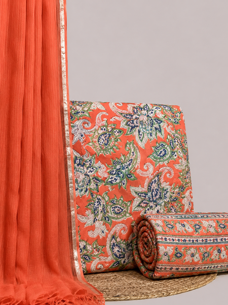 Rust Light Orange Printed Cotton Fabric for Suits, Kurtis, Co-Ord Sets, Dresses & Ethnic Wear.