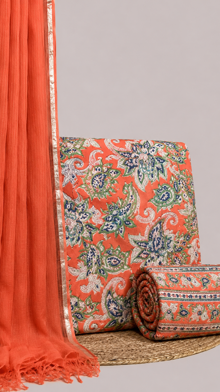 Rust Light Orange Printed Cotton Fabric for Suits, Kurtis, Co-Ord Sets, Dresses & Ethnic Wear.
