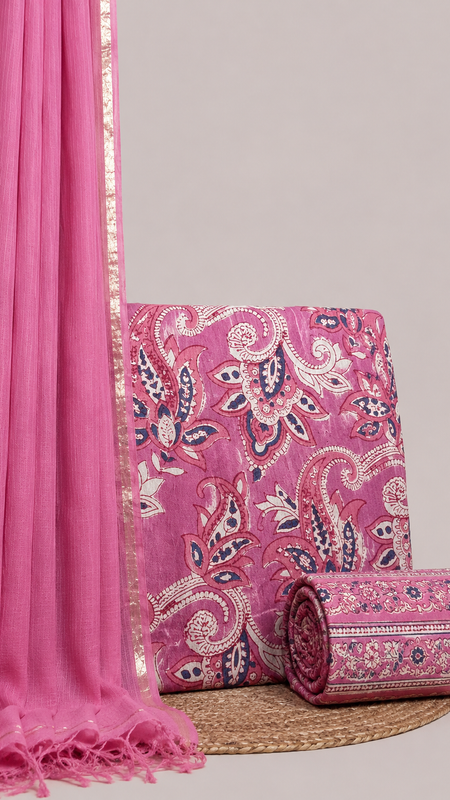 Orchid Pink Printed Cotton Fabric for Suits, Kurtis, Co-Ord Sets, Dresses & Ethnic Wear.