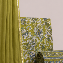 Lime Olive Printed Cotton Fabric for Suits, Kurtis, Co-Ord Sets, Dresses & Ethnic Wear.