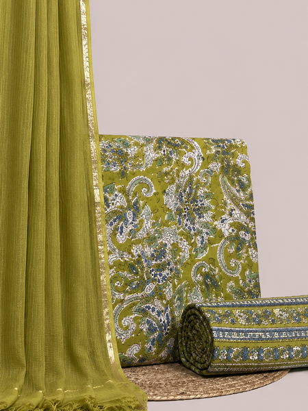 Lime Olive Printed Cotton Fabric for Suits, Kurtis, Co-Ord Sets, Dresses & Ethnic Wear.