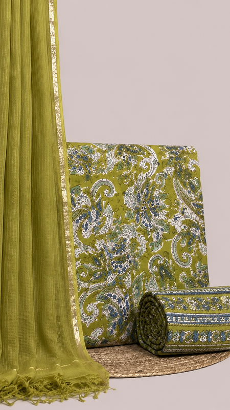 Lime Olive Printed Cotton Fabric for Suits, Kurtis, Co-Ord Sets, Dresses & Ethnic Wear.