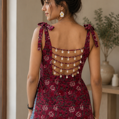 Wine Floral Printed Tie-Up Sleeveless Cotton Top for Women