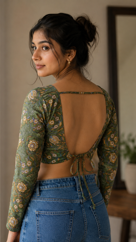 Olive Green Printed Cotton Top