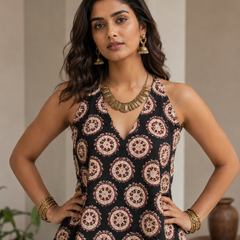 Black Printed Cotton Halter Neck Top