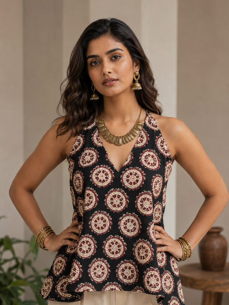 Black Printed Cotton Halter Neck Top