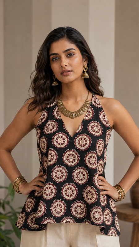 Black Printed Cotton Halter Neck Top