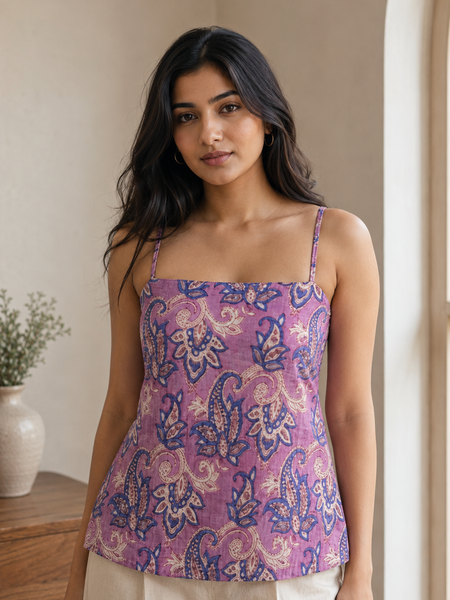 Mauve Paisley Printed Cotton Sleeveless Top
