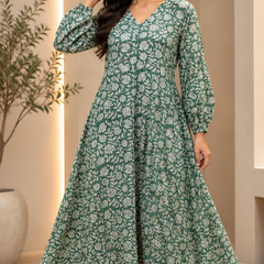 Premium Soft Cotton Elegant Green Floral Flare Dress