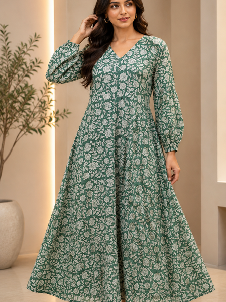 Premium Soft Cotton Elegant Green Floral Flare Dress