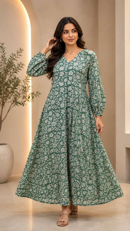 Premium Soft Cotton Elegant Green Floral Flare Dress