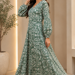 Premium Soft Cotton Elegant Green Floral Flare Dress