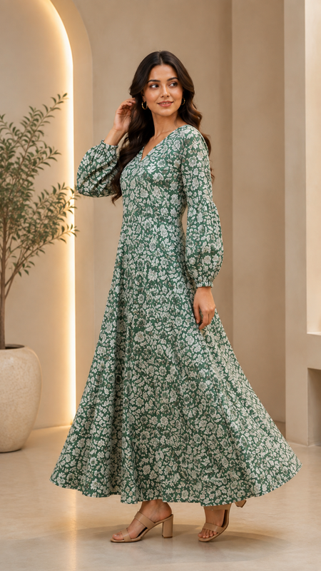 Premium Soft Cotton Elegant Green Floral Flare Dress