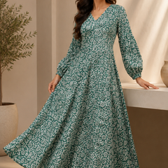 Premium Soft Cotton Elegant Green Floral Flare Dress