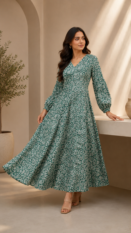 Premium Soft Cotton Elegant Green Floral Flare Dress