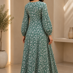 Premium Soft Cotton Elegant Green Floral Flare Dress