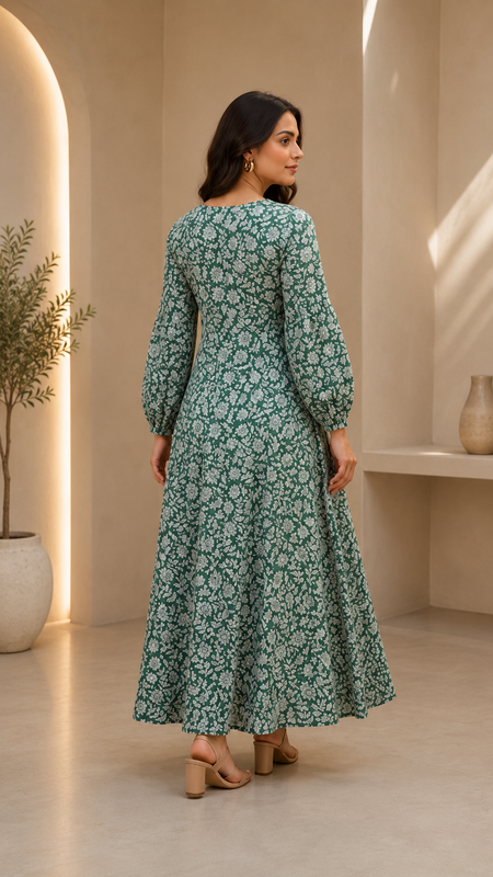 Premium Soft Cotton Elegant Green Floral Flare Dress