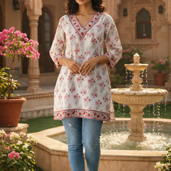 Women’s white red block print V neck tunic