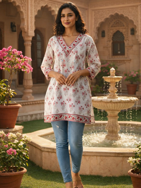 Women’s white red block print V neck tunic