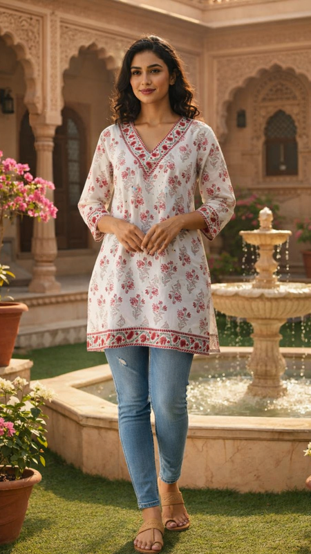 Women’s white red block print V neck tunic