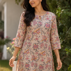 Beige Floral Printed Short Kurti