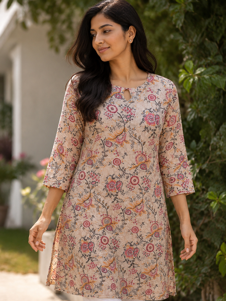 Beige Floral Printed Short Kurti