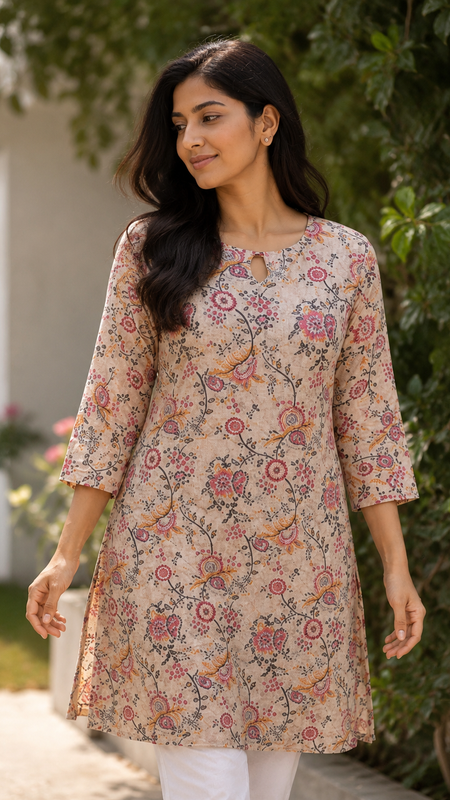 Beige Floral Printed Short Kurti