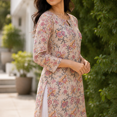 Beige Floral Printed Short Kurti