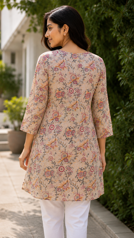 Beige Floral Printed Short Kurti