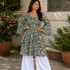 Premium Printed Cotton Top with Statement Sleeves
