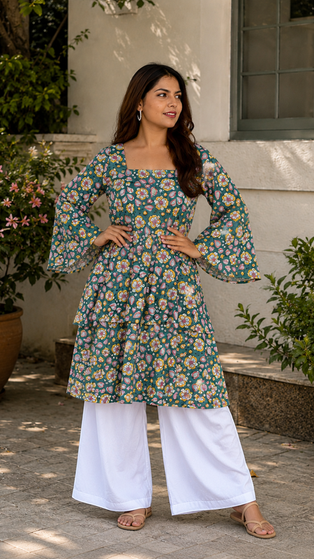 Premium Printed Cotton Top with Statement Sleeves