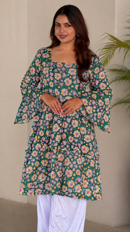Premium Printed Cotton Top with Statement Sleeves
