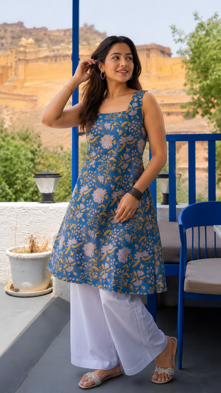 Women’s Blue Floral Cotton Top with Tie-Back Design