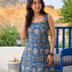 Women’s Blue Floral Cotton Top with Tie-Back Design