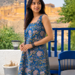 Women’s Blue Floral Cotton Top with Tie-Back Design
