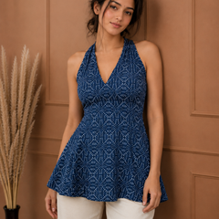 Indigo Micro Printed Cotton Halter Neck Flared Top