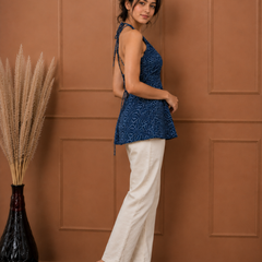 Indigo Micro Printed Cotton Halter Neck Flared Top