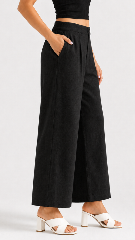 Women's Deep Black Wide-Leg Trousers