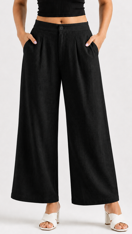Women's Deep Black Wide-Leg Trousers